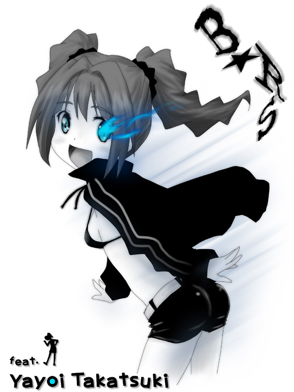 eunos, black rock shooter (character), takatsuki yayoi, black rock shooter, idolmaster, idolmaster (classic), idolmaster 1, bad id, bad pixiv id, 1girl, black rock shooter (cosplay), blue theme, breasts, cosplay, female focus, medium breasts, monochrome, sideboob, solo, spot color, twintails