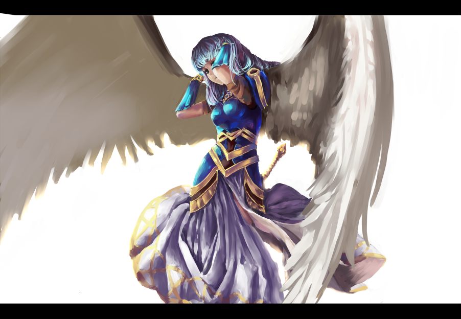 pixiv (230434), relax (artist), lenneth valkyrie, valkyrie profile (series), bad id, bad pixiv id, 1girl, angel wings, armor, armored dress, arms up, blue armor, blue hair, dress, female focus, letterboxed, no headwear, solo, sword, valkyrie, weapon, wings