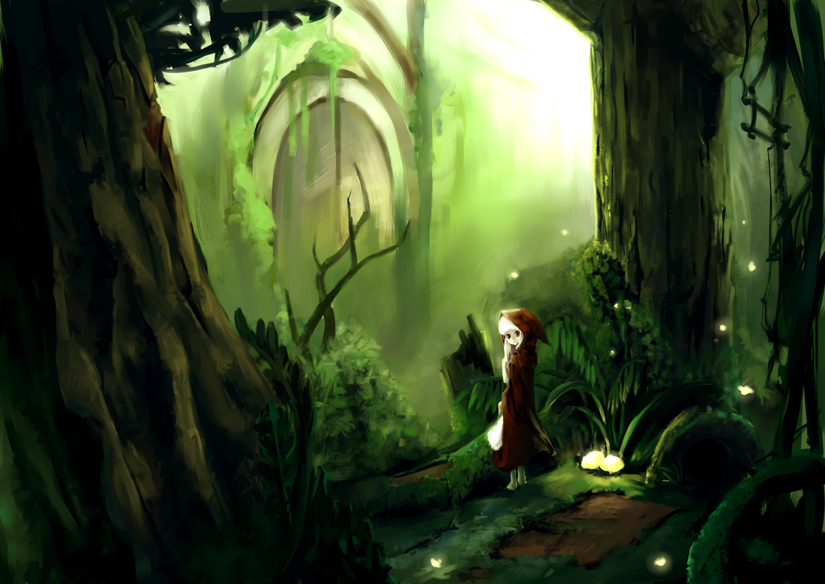 pixiv (230434), relax (artist), little red riding hood (fairy tale character), little red riding hood (fairy tale), light, 1girl, blonde hair, blunt bangs, door, female focus, forest, glowing, hood, nature, outdoors, overgrown, solo, standing, tree