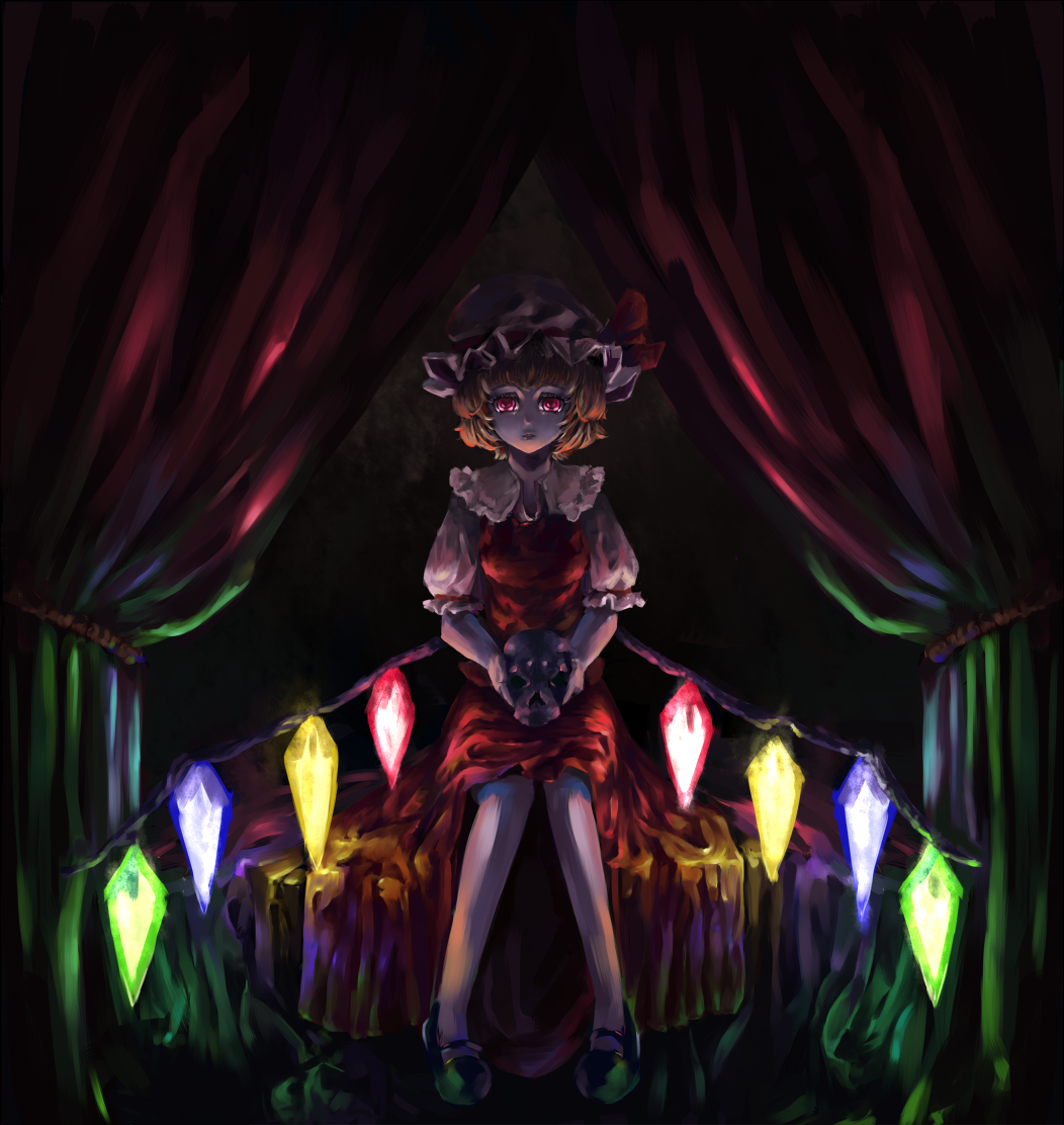 pixiv (230434), relax (artist), flandre scarlet, touhou, 1girl, blonde hair, curtains, dress, female focus, glowing, gradient background, hat, mary janes, red eyes, shoes, short hair, sitting, skull, solo, wings