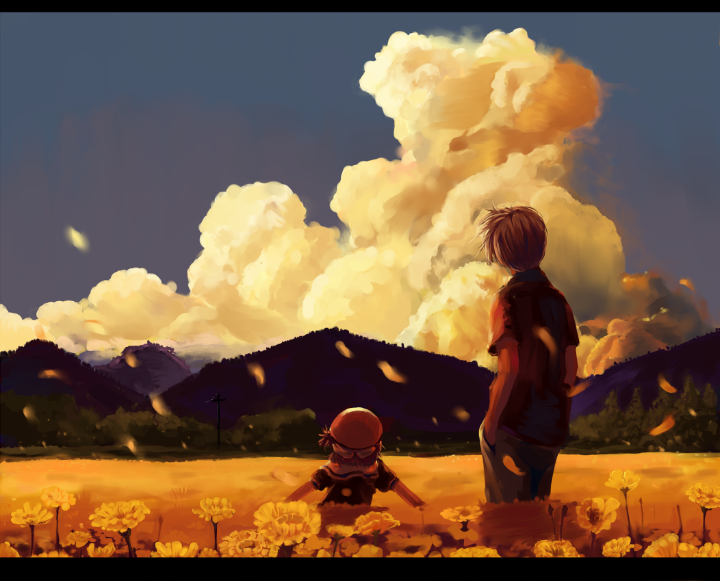 pixiv (230434), relax (artist), okazaki tomoya, okazaki ushio, clannad, 00s, 1boy, 1girl, cloud, father and daughter, field, flower, flower field, from behind, hands in pockets, landscape, letterboxed, mountain, petals, scenery