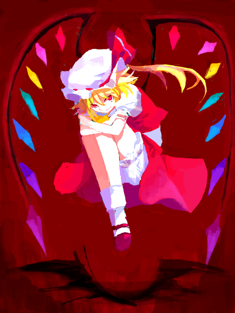 shion (mamuring), shionty, flandre scarlet, touhou, bad id, bad pixiv id, 1girl, blonde hair, blouse, female focus, hat, mob cap, red background, red eyes, red shoes, shirt, shoes, solo, white hat, white shirt, wings