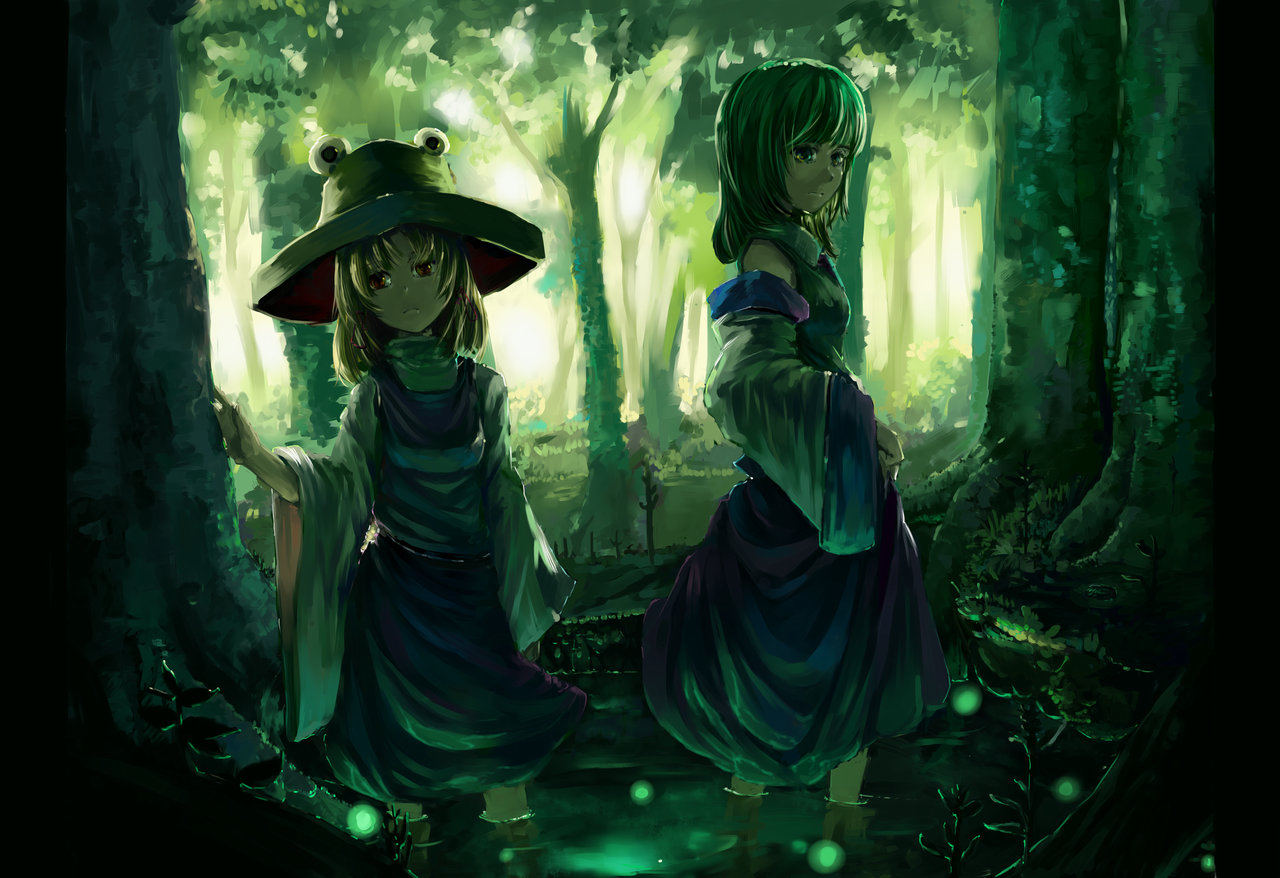 pixiv (230434), relax (artist), kochiya sanae, moriya suwako, touhou, 2girls, blonde hair, detached sleeves, expressionless, female focus, forest, glowing, green hair, hat, multiple girls, nature, skirt hold, standing, wading, water, wide sleeves