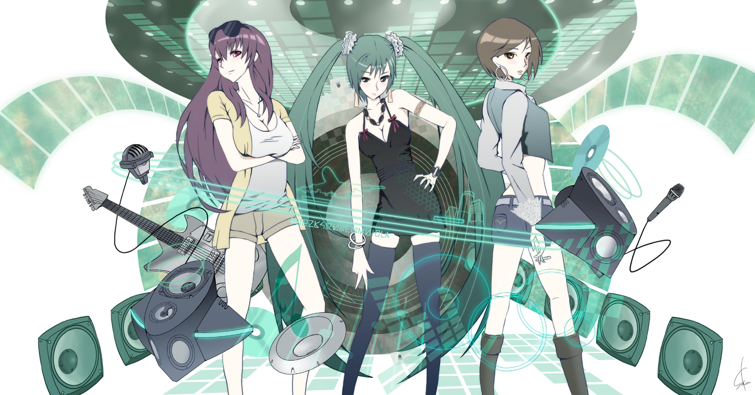 poo (saku), saku (saku9595), hatsune miku, megurine luka, meiko (vocaloid), vocaloid, 3girls, aqua eyes, aqua hair, armband, boots, bracelet, breasts, brown eyes, brown hair, casual, cigarette, cleavage, crossed arms, dress, earrings, guitar, hoop earrings, instrument, jewelry, large breasts, long hair, medium breasts, microphone, midriff, multiple girls, necklace, purple eyes, purple hair, short hair, shorts, speaker, sunglasses, thighhighs, twintails, v, wristband