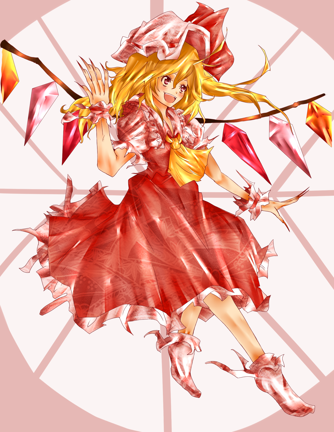 uuuixuuu, flandre scarlet, touhou, bad id, bad pixiv id, highres, 1girl, blonde hair, female focus, full body, hat, red eyes, short hair, solo, wings, wrist cuffs