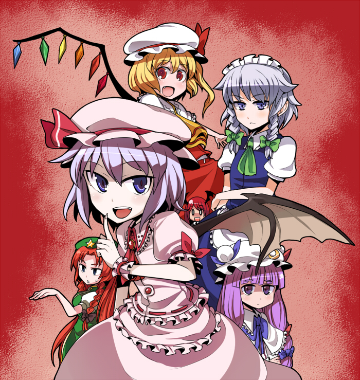 hitsuji bako, flandre scarlet, hong meiling, izayoi sakuya, koakuma, patchouli knowledge, remilia scarlet, embodiment of scarlet devil, touhou, light purple hair, silver hair, 6+girls, :<, :/, blonde hair, blue eyes, bow, braid, fang, female focus, fighting stance, gradient background, hair bow, hat, head wings, long hair, maid, maid headdress, multiple girls, o o, open mouth, pointing, purple hair, red eyes, red hair, short hair, side ponytail, smile, tsurime, twin braids, wings, wrist cuffs