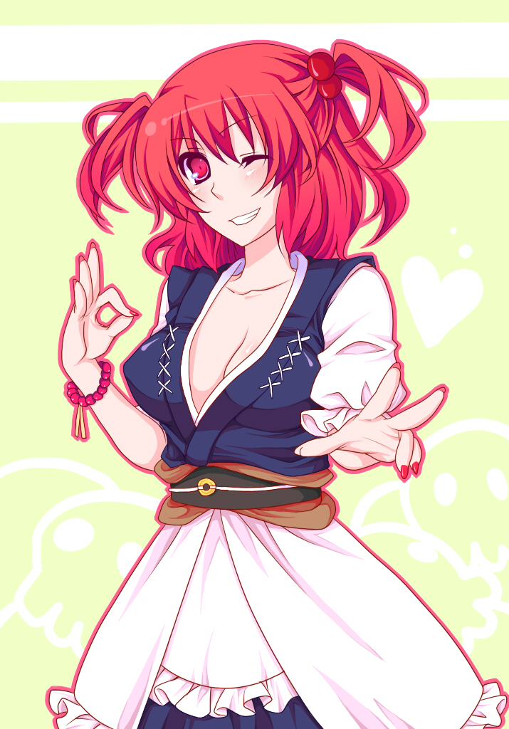 shino (mijinko), onozuka komachi, touhou, bad id, bad pixiv id, 1girl, breasts, cleavage, female focus, hair bobbles, hair ornament, medium breasts, one eye closed, red eyes, red hair, scythe, short hair, solo, twintails, two side up, wink