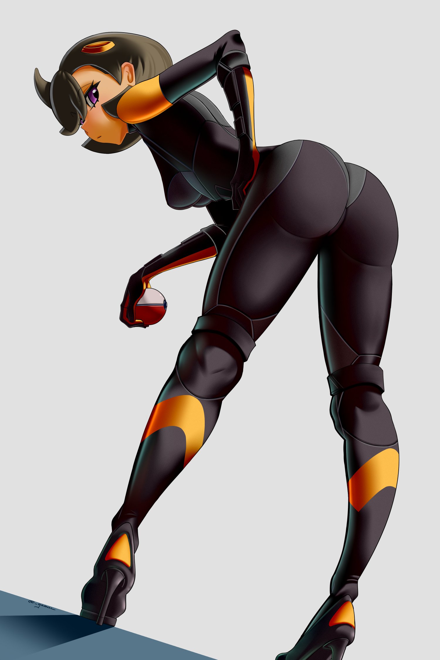 emma (pokemon), nintendo, pokemon, pokemon legends: z-a, highres, 1girl, ass, black bodysuit, black hair, bodysuit, breasts, dark-skinned female, dark skin, full body, gloves, gzoul, hair ornament, holding, holding poke ball, latex, latex bodysuit, poke ball, poke ball (basic), purple eyes, short hair, simple background, solo