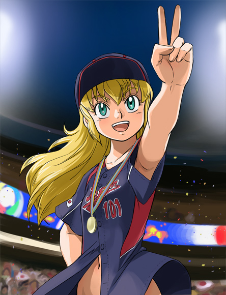 haruyama kazunori, melody patricia norman, 2009 world baseball classic, miracle giants domu-kun, world baseball classic, 1980s (style), 1girl, armpit peek, baseball, baseball cap, baseball uniform, blonde hair, blue eyes, bottomless, clothes writing, female focus, hat, no panties, no pants, oldschool, retro artstyle, solo, sportswear, v