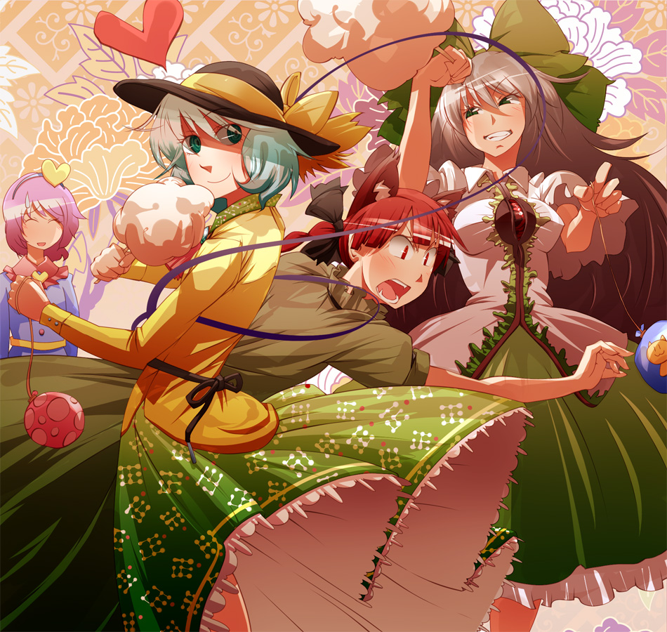kasuteru, kaenbyou rin, komeiji koishi, komeiji satori, reiuji utsuho, touhou, bad id, bad pixiv id, 4girls, :d, animal ears, black eyes, black hair, brooch, cat ears, cat girl, dress, female focus, gem, green dress, green hair, grin, jewelry, looking at viewer, multiple girls, open mouth, puffy short sleeves, puffy sleeves, red hair, short sleeves, smile, teeth, wide-eyed