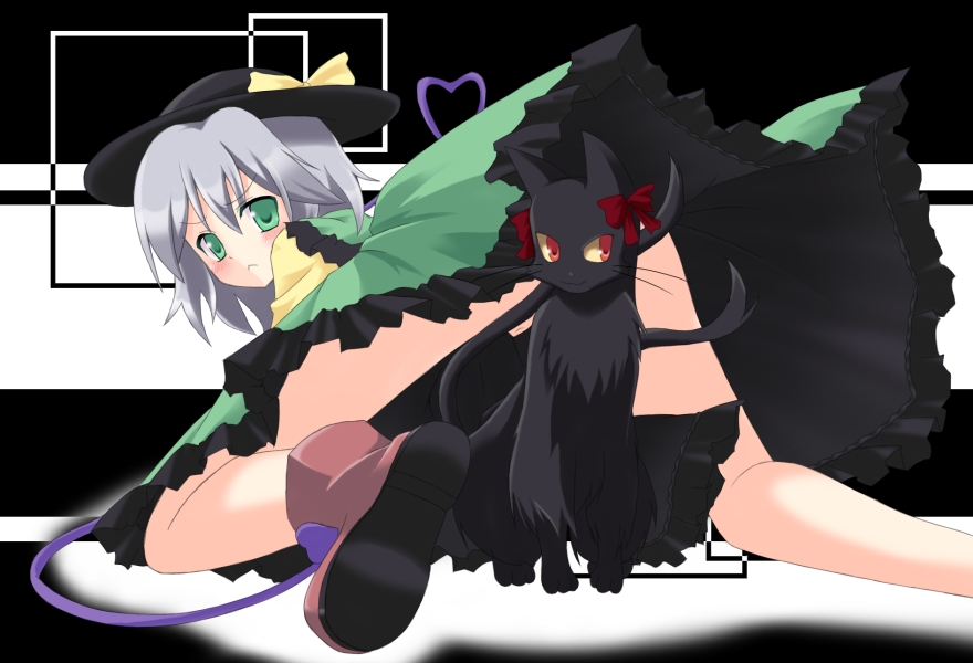 gumoyu, kaenbyou rin, kaenbyou rin (cat), komeiji koishi, touhou, bad id, bad pixiv id, 1girl, :<, censored, convenient censoring, female focus, hat, skirt, solo