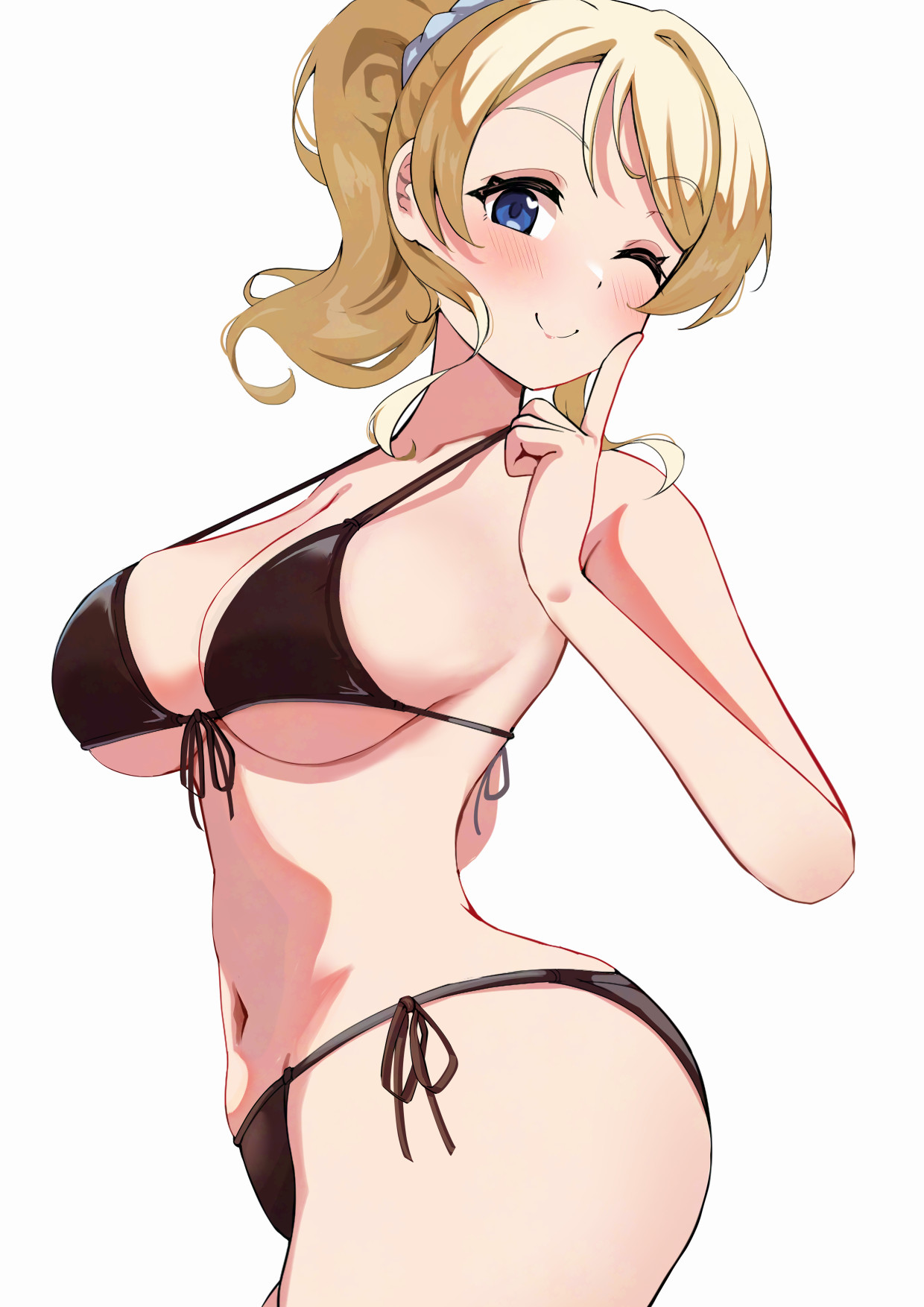 pisagi, ayase eli, love live!, love live! school idol project, highres, 1girl, ;), arched back, ass, bare arms, bikini, black bikini, blonde hair, blue eyes, blush, breasts, closed mouth, hair ornament, hair scrunchie, heart, heart-shaped pupils, index finger raised, large breasts, looking at viewer, medium hair, navel, one eye closed, ponytail, scrunchie, side-tie bikini bottom, sideboob, simple background, smile, solo, standing, swimsuit, symbol-shaped pupils, underboob, white background
