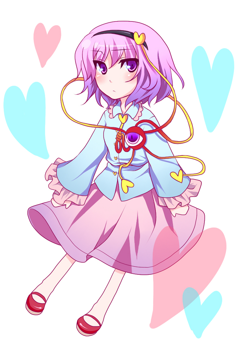 shino (mijinko), komeiji satori, touhou, bad id, bad pixiv id, 1girl, female focus, full body, hairband, heart, purple eyes, purple hair, short hair, solo, white background