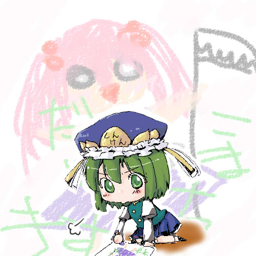 coloring, higeneko (idemoto), yuichi ito, onozuka komachi, shiki eiki, touhou, drawing, lowres, 2girls, aged down, chibi, female focus, multiple girls