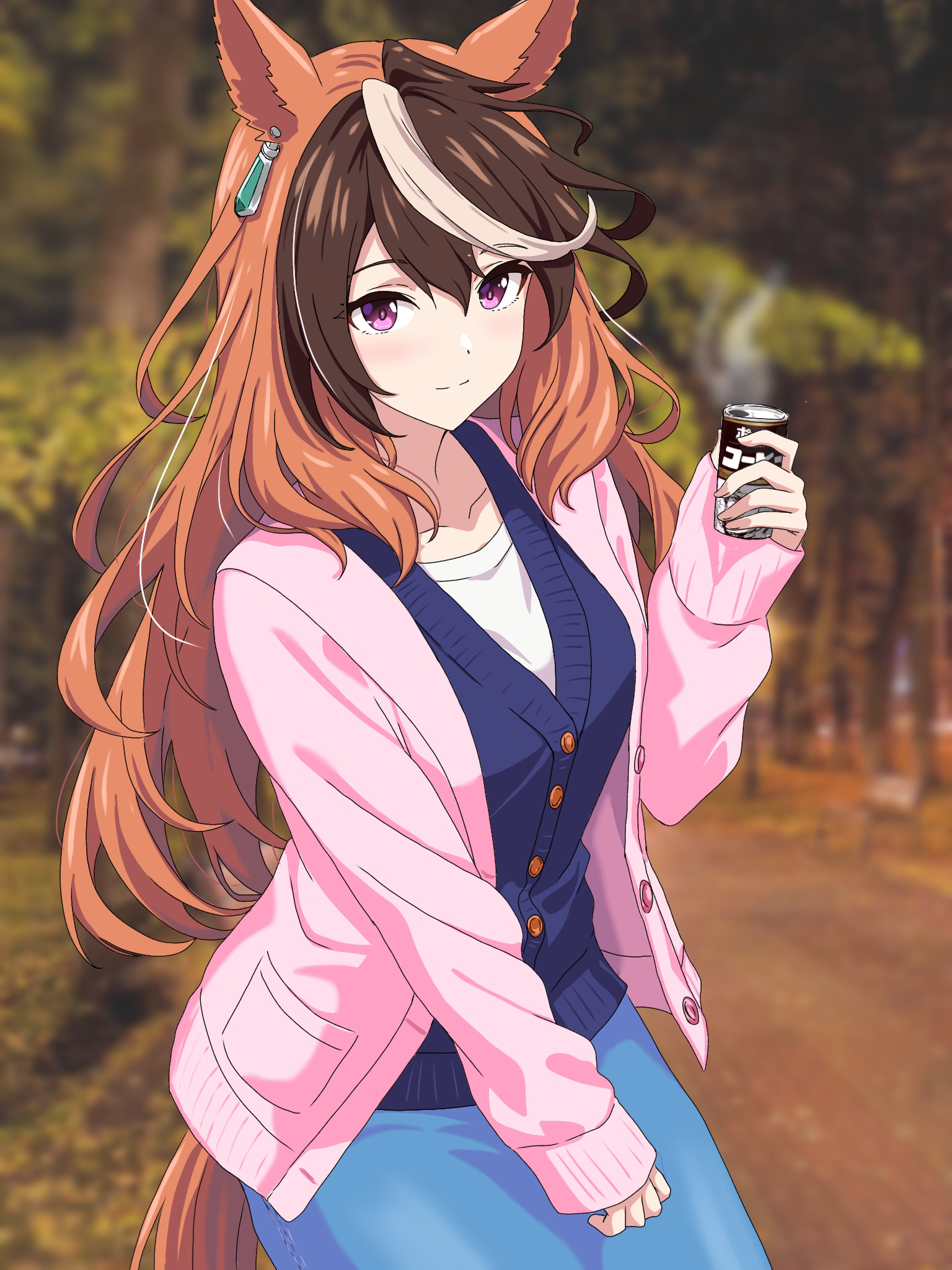 zenbrush2, symboli rudolf (umamusume), umamusume, highres, 1girl, alternate costume, animal ears, blue skirt, blue sweater, blush, brown hair, can, cardigan, closed mouth, earrings, hair between eyes, holding, holding can, horse ears, horse girl, horse tail, jewelry, long hair, long sleeves, looking at viewer, multicolored hair, open cardigan, open clothes, outdoors, pink cardigan, purple eyes, shirt, single earring, skirt, smile, streaked hair, sweater, tail, white hair, white shirt