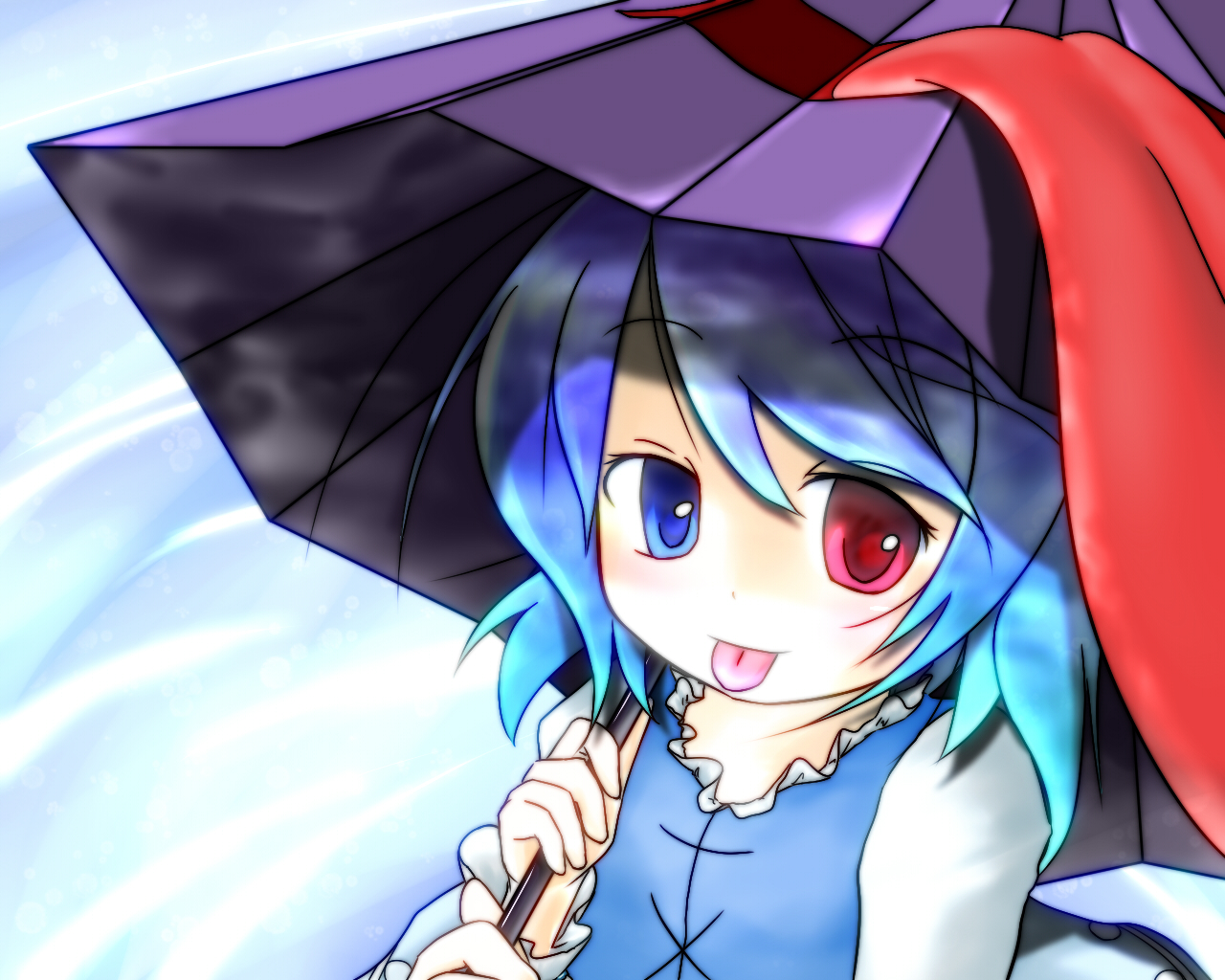 tatsun, tatara kogasa, touhou, 1girl, :p, blue eyes, blue hair, female focus, heterochromia, karakasa obake, matching hair/eyes, oil-paper umbrella, red eyes, short hair, solo, tongue, tongue out, umbrella