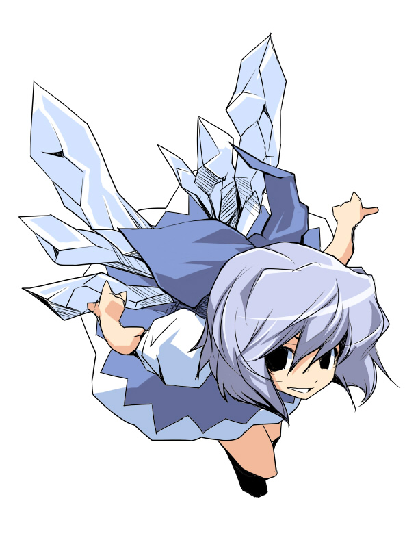 hermmy, cirno, embodiment of scarlet devil, touhou, 1girl, :d, black socks, blue dress, dress, female focus, grin, ice, ice wings, kneehighs, looking at viewer, open mouth, puffy short sleeves, puffy sleeves, short sleeves, simple background, smile, socks, solo, teeth, white background, wings