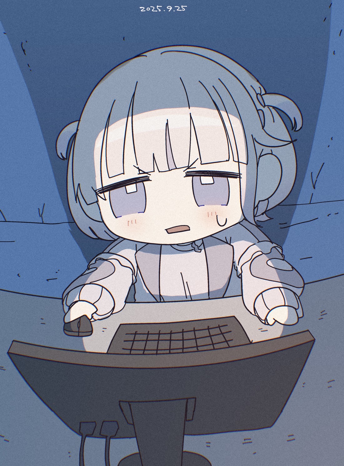 humi kaga, todoroki hajime, hololive, hololive dev is, commentary request, highres, 1girl, blunt bangs, blush, chibi, chibi only, computer, computer mouse, dated, desk, furrowed brow, grey hair, indoors, jitome, long sleeves, open mouth, purple eyes, screen light, solo, sweat, virtual youtuber