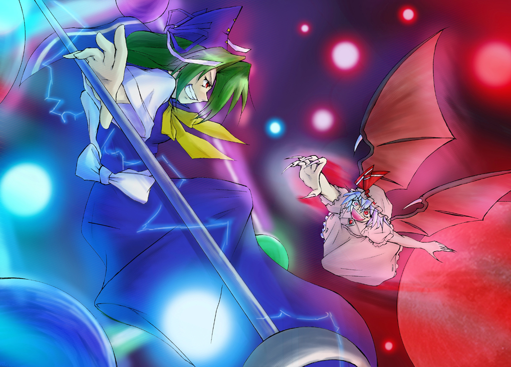 mima (touhou), remilia scarlet, touhou, touhou (pc-98), 2girls, bat wings, battle, blue hair, female focus, green hair, hat, long hair, multiple girls, red eyes, short hair, wings, wizard hat