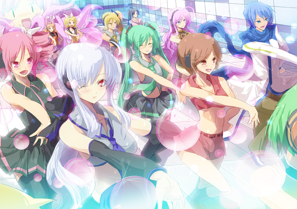 tanupo, akita neru, amane luna, fl-chan, hatsune miku, kagamine len, kagamine rin, kaito (vocaloid), kasane teto, kasane teto (utau), megurine luka, meiko (vocaloid), nagone mako, takoluka, yowane haku, fl studio, utau, vocaloid, 2boys, 6+girls, animal ear headphones, animal ears, aqua hair, blonde hair, brown hair, crossover, dancing, drill hair, everyone, fake animal ears, hair ornament, hairclip, headphones, long hair, multiple boys, multiple girls, necktie, one eye closed, pink hair, rabbit ear headphones, rabbit ears, red eyes, ribbon, short hair, twintails, wink