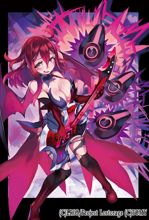 ario, guzuko, wixoss, official art, 1girl, black border, black dress, border, breasts, cleavage, copyright notice, demon wings, dress, elbow gloves, gloves, guitar, hair between eyes, holding, holding guitar, holding instrument, instrument, large breasts, open mouth, outside border, red gloves, red hair, red shoes, shoes, solo, sweatdrop, wings, yellow eyes