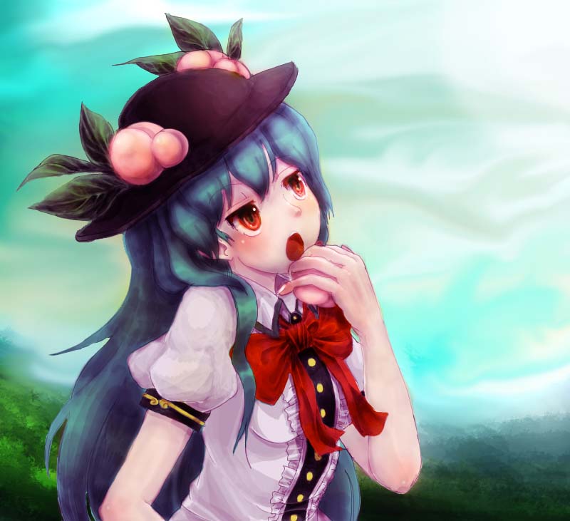 katari, hinanawi tenshi, touhou, 1girl, blue hair, bow, cloud, female focus, food, fruit, hat, long hair, outdoors, peach, plant, red eyes, sky, solo, standing, upper body