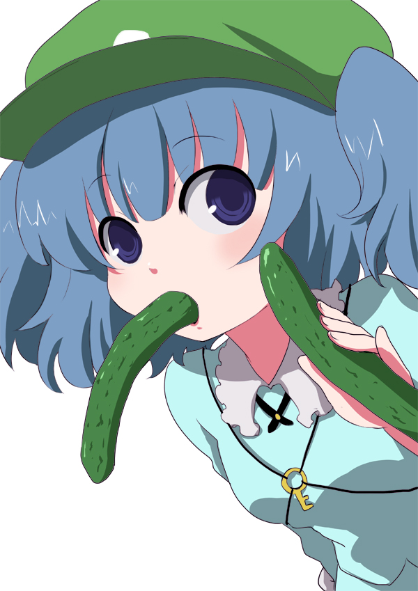 ica, kawashiro nitori, touhou, bad id, bad pixiv id, 1girl, blue eyes, blue hair, cucumber, female focus, hat, key, matching hair/eyes, mouth hold, sexually suggestive, short hair, solo, two side up