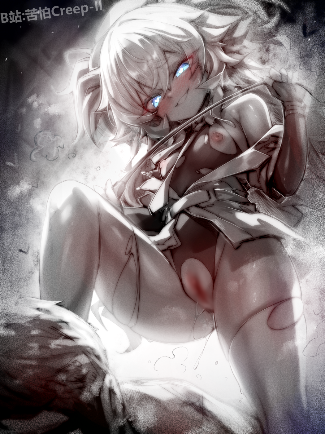 kupa (jesterwii), florence (girls' frontline 2), pa-15 (girls' frontline), girls' frontline, girls' frontline 2: exilium, character request, check character, check copyright, chinese commentary, commentary request, commission, copyright request, highres, md5 mismatch, paid reward available, 1boy, 1girl, bilibili username, blue eyes, blur censor, breasts, censored, clothing cutout, crotch cutout, hetero, holding, holding whip, long hair, nipples, parted lips, pussy, small breasts, spot color, torn clothes