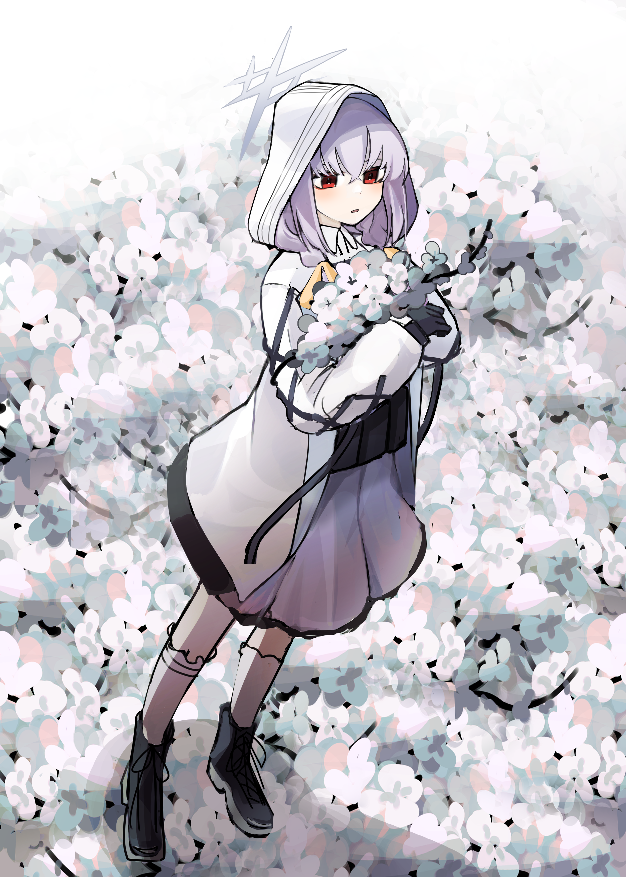 ka keo, atsuko (blue archive), blue archive, absurdres, highres, 1girl, black boots, black gloves, boots, bouquet, dress, dutch angle, field, flak jacket, flower, flower field, full body, gloves, grey halo, hair between eyes, hair ribbon, halo, holding, holding bouquet, hood, jacket, jitome, kneehighs, long hair, open mouth, outdoors, purple hair, red eyes, ribbon, shadow, sidelocks, socks, solo, standing, white dress, white hood, white jacket, white socks, yellow ribbon