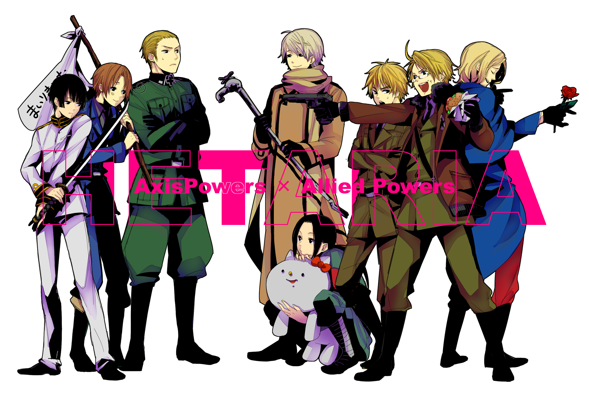 todoroki sora, america (hetalia), china (hetalia), france (hetalia), germany (hetalia), japan (hetalia), northern italy (hetalia), russia (hetalia), shinatty-chan, united kingdom (hetalia), axis powers hetalia, bad id, bad pixiv id, highres, 00s, 6+boys, ahoge, belt, black eyes, black hair, blonde hair, bomber jacket, boots, brown hair, burger, coat, crossed arms, everyone, faucet, flag, flower, food, full body, glasses, gloves, gun, handgun, jacket, katana, lead pipe, m1911, male focus, military, military uniform, multiple boys, necktie, open mouth, rose, sam browne belt, scarf, smile, sword, weapon, white background, white flag, world war ii