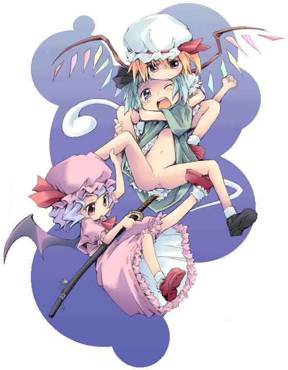 ham (points), flandre scarlet, konpaku youmu, konpaku youmu (ghost), remilia scarlet, touhou, silver hair, 3girls, anus, blue eyes, blue hair, bottomless, female focus, hairband, hat, hitodama, hug, katana, loli, multiple girls, no panties, one eye closed, open mouth, pink eyes, pussy, red eyes, short hair, siblings, sisters, spread legs, sword, tears, weapon, wings, wink, yuri