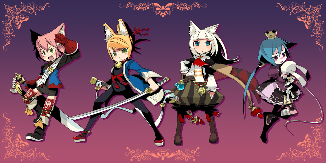 c (neta), magukappu, fighter (7th dragon), harukara (7th dragon), ikurakun (7th dragon), mage (7th dragon), momomeno (7th dragon), namuna (7th dragon), princess (7th dragon), samurai (7th dragon), 7th dragon, 7th dragon (series), atlus, etrian odyssey, sega, eyebrows, looking away, striped legwear, long image, wide image, 4girls, :d, angry, animal ears, armor, ascot, asymmetrical clothes, bdsm, bell, belt, bike shorts, blonde hair, bloomers, blue eyes, blue hair, blunt bangs, blush, bodysuit, bondage, boots, bound, cape, cat ears, child, crown, fang, fantasy, fighting stance, flat chest, fox ears, frills, frown, gem, gloves, gothic lolita, gradient background, green eyes, hair ornament, holding, hug, hug from behind, japanese clothes, jewelry, jingle bell, katana, kimono, kneehighs, leg lift, lineup, lolita fashion, long hair, looking at viewer, multiple girls, naughty face, open clothes, open mouth, parody, pink hair, ponytail, purple eyes, ribbon, rope, shadow, sheath, shoes, short hair, skirt, smile, socks, spread legs, standing, striped clothes, striped socks, stuffed animal, stuffed rabbit, stuffed toy, style parody, swept bangs, sword, thighhighs, underwear, very long hair, weapon, whip, white hair, yellow eyes, zettai ryouiki