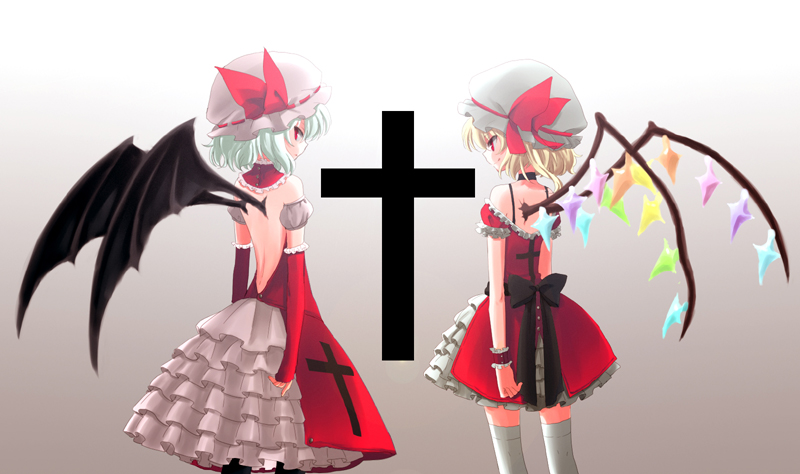 ica, flandre scarlet, remilia scarlet, touhou, 2girls, alternate costume, back, cross, female focus, frills, multiple girls, siblings, sisters