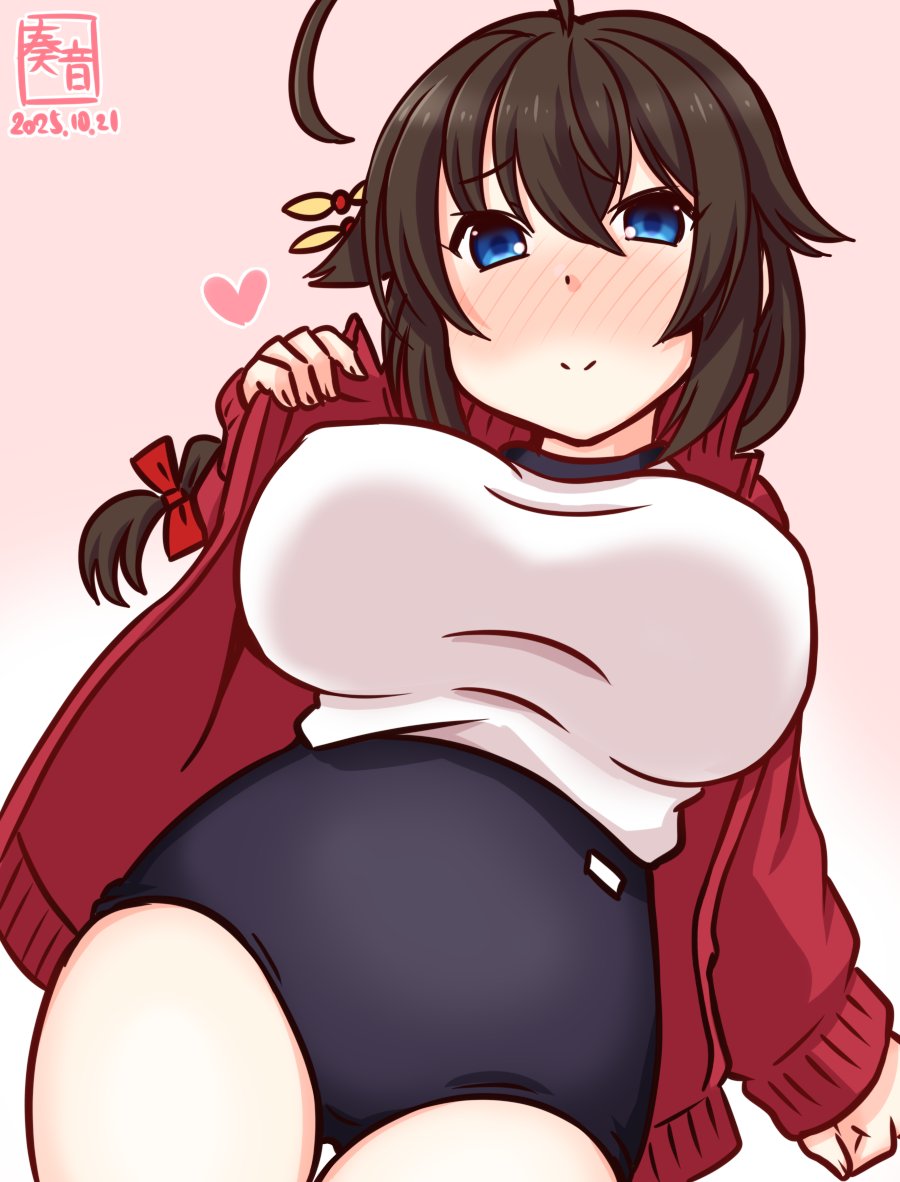 kanon (kurogane knights), shigure (kancolle), shigure kai san (kancolle), kantai collection, 1girl, ahoge, alternate costume, artist logo, blue buruma, blue eyes, blush, braid, breasts, brown hair, buruma, cowboy shot, dated, hair between eyes, hair flaps, hair ornament, hair over shoulder, hair ribbon, jacket, large breasts, logo, long hair, long sleeves, looking at viewer, one-hour drawing challenge, open clothes, open jacket, red jacket, ribbon, shirt, single braid, smile, solo, track jacket