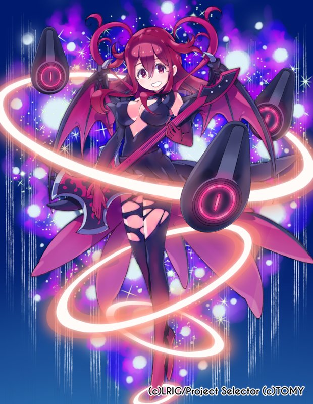 pepo (pepopepo), guzuko, wixoss, official art, 1girl, black shirt, black skirt, blue background, boots, breasts, cleavage, cleavage cutout, clothing cutout, copyright notice, demon wings, elbow gloves, energy ring, gloves, guitar, holding, holding guitar, holding instrument, instrument, large breasts, light particles, long hair, red eyes, red gloves, red hair, shirt, skirt, solo, sparkle, two side up, white mouth, wings