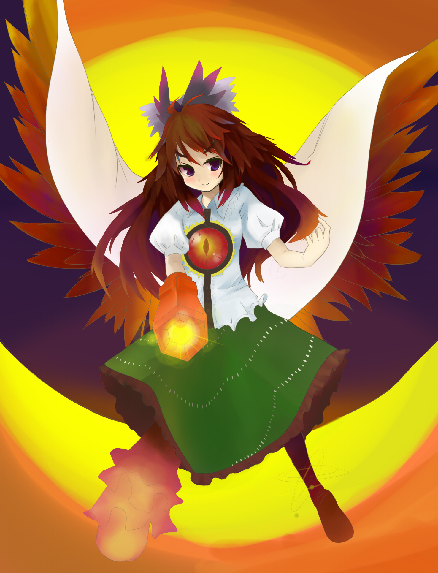 nutsiqu, rick-tan, reiuji utsuho, touhou, bad id, bad pixiv id, highres, 1girl, blue eyes, bow, brown hair, cape, female focus, hair bow, long hair, solo, wings