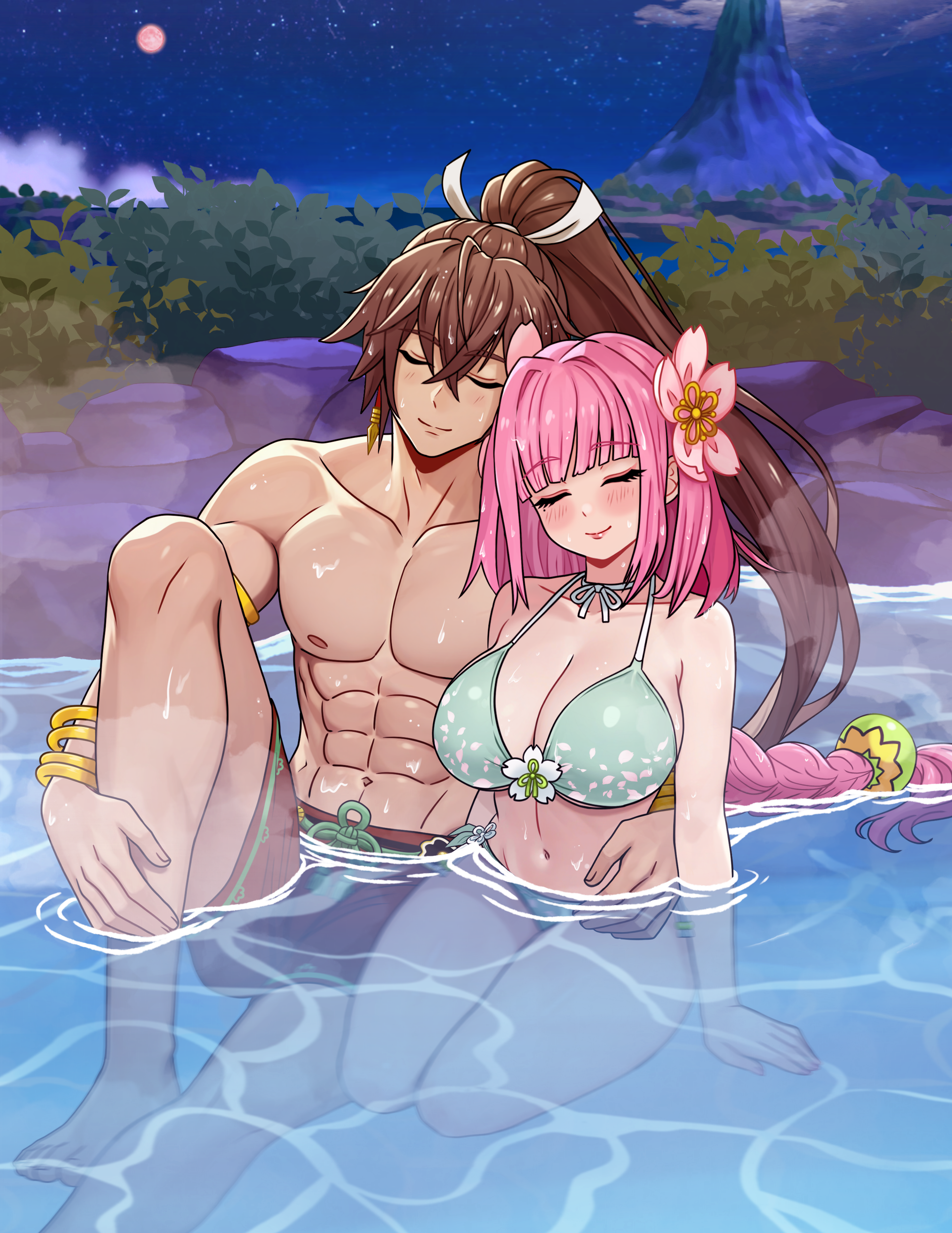 rein creamsoda, subaru (rune factory), ulalaka, rune factory, rune factory: guardians of azuma, absurdres, commission, commissioner upload, highres, 1boy, 1girl, abs, alternate costume, breasts, brown hair, closed eyes, closed mouth, couple, hetero, high ponytail, large breasts, leaning on person, night, night sky, onsen, pectorals, pink hair, ponytail, sky, volcano