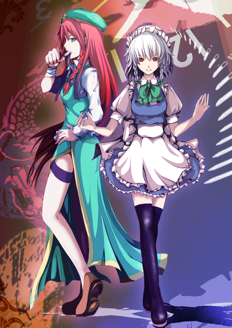 mitsu (tendou itsuki), hong meiling, izayoi sakuya, immaterial and missing power, touhou, silver hair, bad id, bad pixiv id, 2girls, braid, china dress, chinese clothes, dress, female focus, hat, long hair, maid, multiple girls, red eyes, red hair, ribbon, short hair, thighhighs