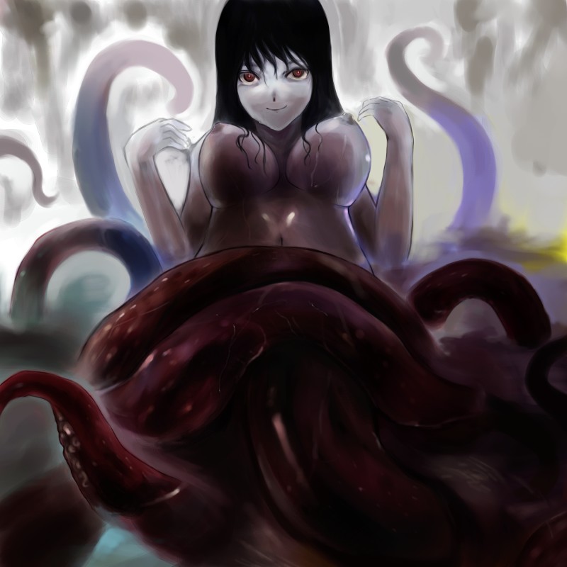 black hair, breasts, creepy, monster girl, nipples, octopus, red eyes, tentacles
