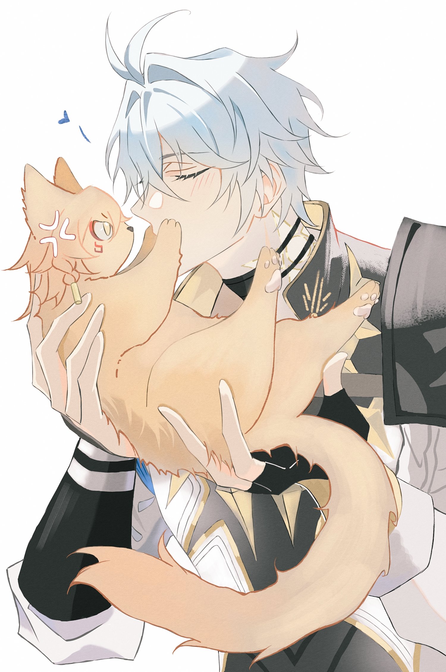 mydei (honkai: star rail), phainon (honkai: star rail), honkai: star rail, honkai (series), commentary, highres, 2boys, anger vein, animal, animalization, antenna hair, black choker, black gloves, black shirt, blush, cat, choker, closed eyes, coat, fingerless gloves, gloves, holding, holding animal, holding cat, imminent kiss, male focus, multiple boys, neck tattoo, qiyeyunque, shirt, short hair, simple background, single glove, sun symbol, sun tattoo, tan, tattoo, white background, white coat, white hair, yaoi