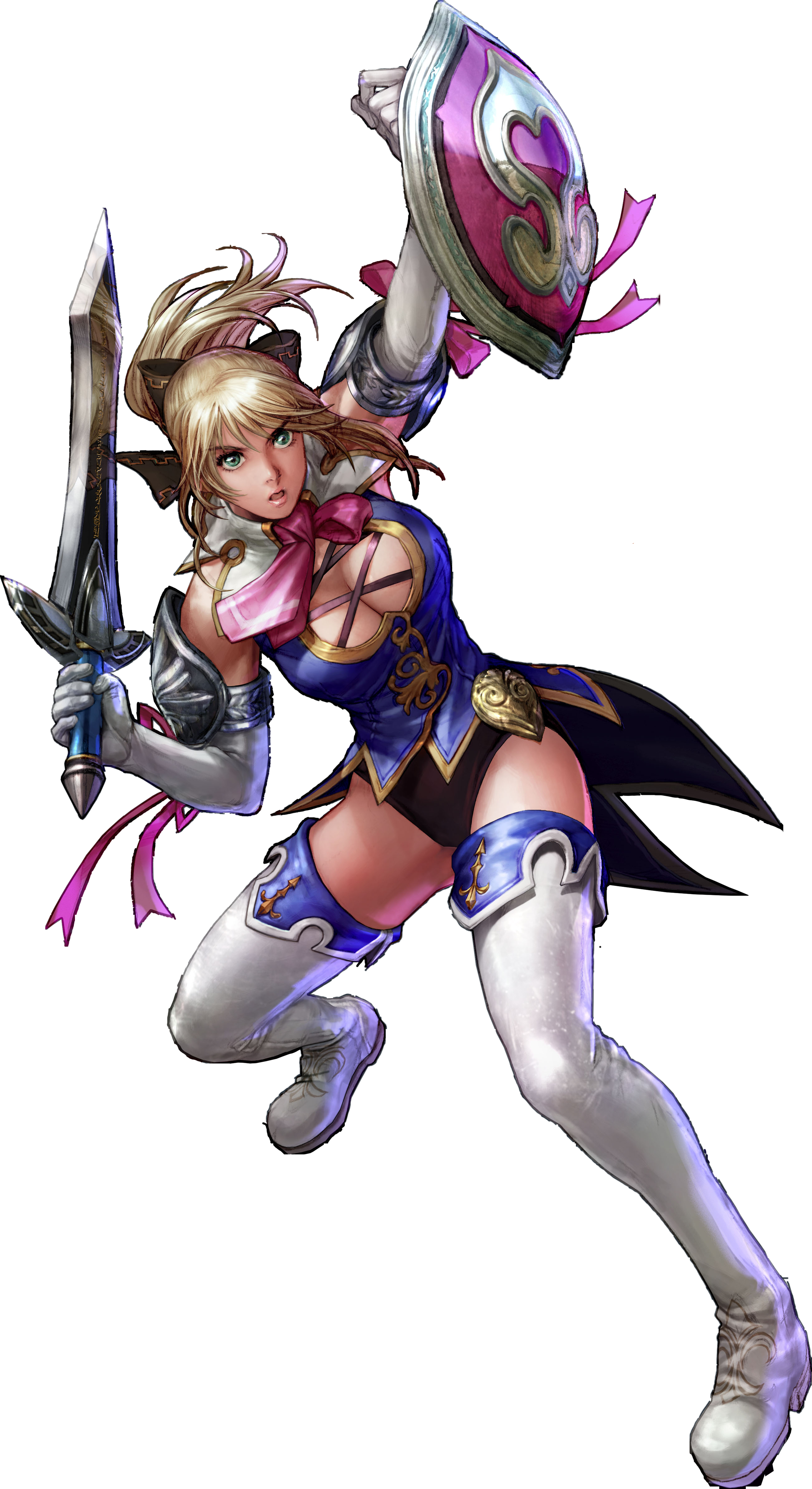 cassandra alexandra, soul calibur, soulcalibur iv, absurdres, highres, official art, blonde hair, breasts, cleavage, green eyes, ponytail, ribbon, shield, sword, weapon