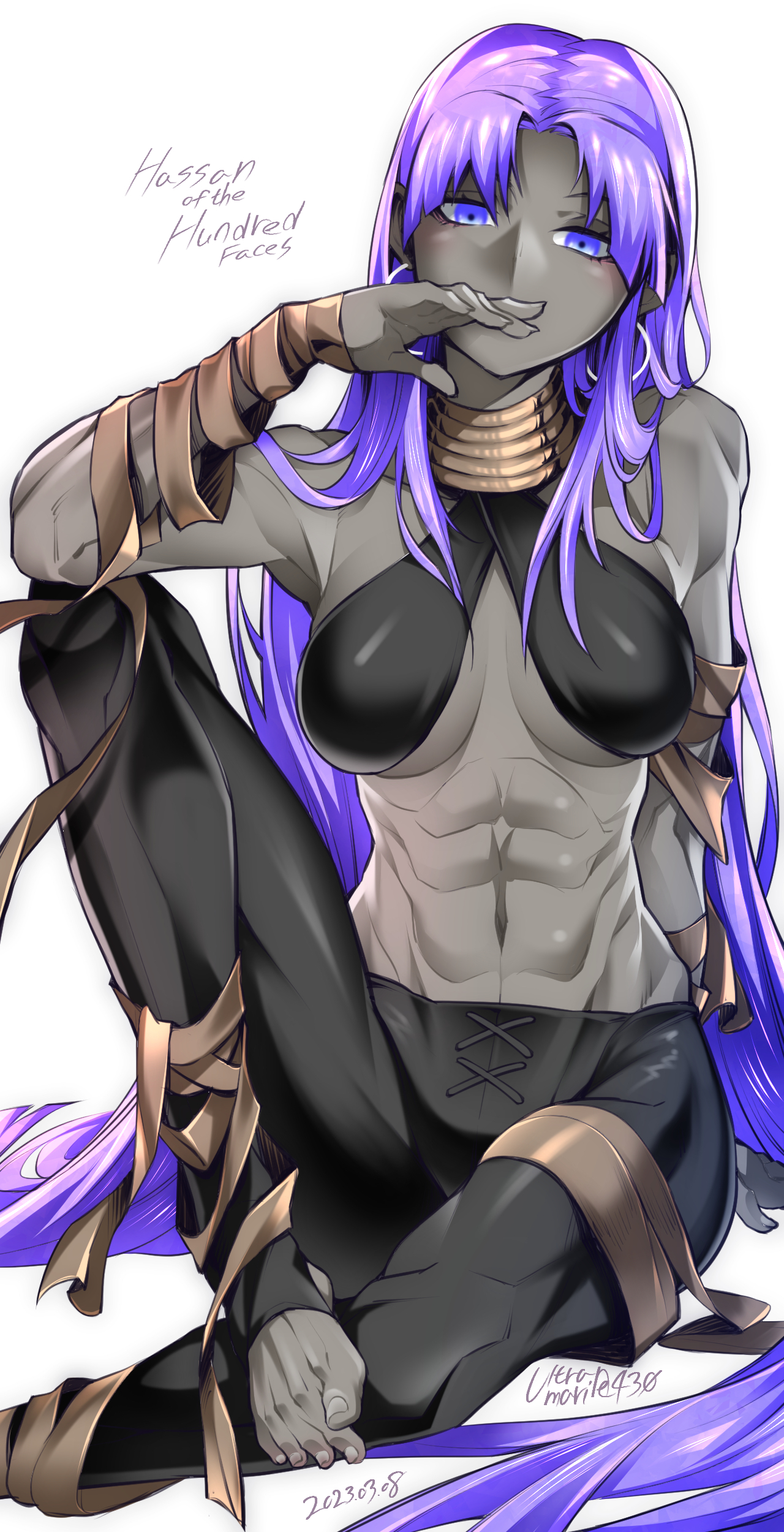 shin (ultramarine430), assassin (fate/zero), female assassin (fate/zero), fate/grand order, fate (series), absurdres, commentary request, highres, 1girl, abs, artist name, ass, black pants, breasts, character name, dark-skinned female, dark skin, dated, earrings, hair down, hoop earrings, jewelry, large breasts, long hair, looking at viewer, muscular, muscular female, pants, purple eyes, purple hair, sitting, solo, very dark skin, very long hair, white background