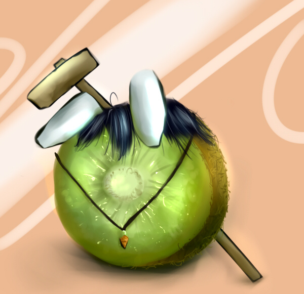 vitcentkitsune, inaba tewi, touhou, commentary request, md5 mismatch, animal ears, black hair, carrot, carrot necklace, female focus, food, food focus, fruit, jewelry, kine, kiwi (fruit), mallet, necklace, no humans, parody, pendant, pun, rabbit ears, what