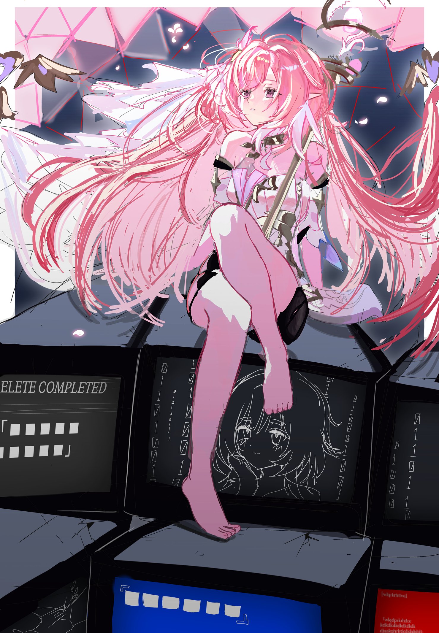 ko (assd 009), elysia (herrscher of human: ego) (honkai impact), elysia (honkai impact), honkai (series), honkai impact 3rd, hashtag-only commentary, highres, 1girl, bare shoulders, barefoot, bell, black shorts, breasts, bridal veil, corset, elf, feet, large breasts, long hair, monitor, multicolored hair, pink hair, pointy ears, purple eyes, short shorts, shorts, sitting, sitting on object, solo, toes, two-tone hair, veil, very long hair, white corset, white hair
