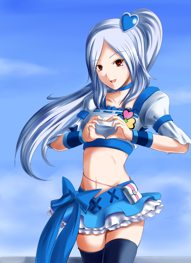 c-wing, cure berry, eas (fresh precure!), higashi setsuna, fresh precure!, precure, bad id, bad pixiv id, 1girl, blue hair, blue skirt, blue theme, choker, cosplay, crop top, cure berry (cosplay), female focus, hair ornament, heart, heart hair ornament, heart hands, long hair, looking at viewer, magical girl, midriff, navel, open mouth, ponytail, ribbon, shirt, skindentation, skirt, smile, solo, taut clothes, taut shirt, thighhighs, zettai ryouiki
