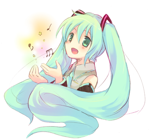 tachitsu teto, hatsune miku, vocaloid, 1girl, aqua eyes, aqua hair, female focus, long hair, music, musical note, open hands, open mouth, simple background, singing, smile, solo, twintails, upper body