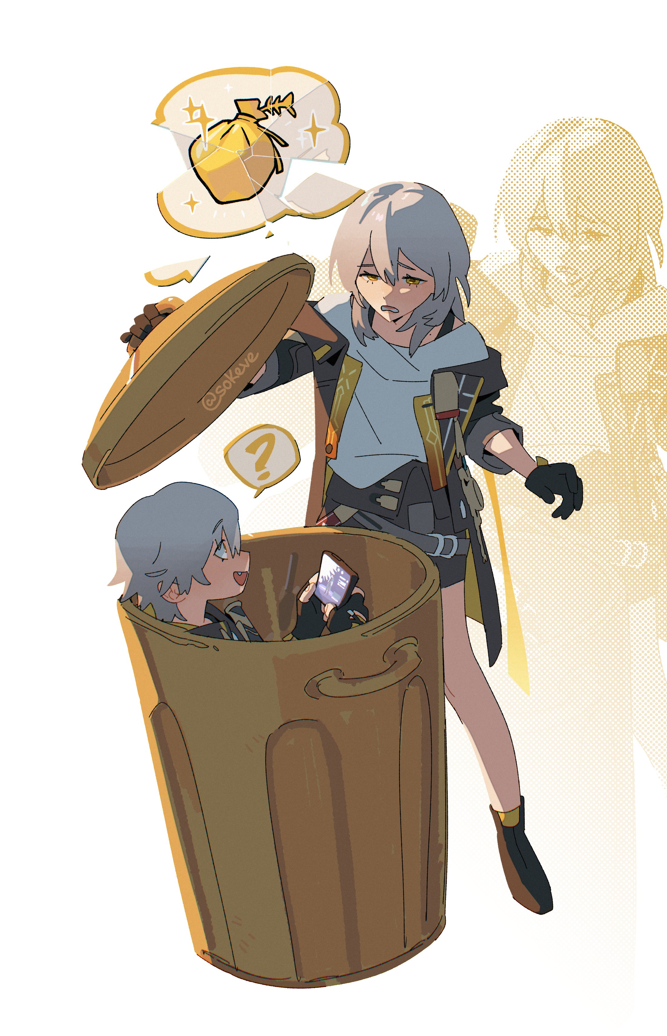 sokeve, caelus (honkai: star rail), stelle (honkai: star rail), trailblazer (honkai: star rail), honkai: star rail, honkai (series), absurdres, commentary, english commentary, highres, 1boy, 1girl, ?, artist name, belt, black boots, black coat, black gloves, black jacket, black skirt, boots, cellphone, coat, disappointed, dual persona, fang, fingerless gloves, fingernails, full body, gloves, grey belt, grey hair, hair between eyes, half-closed eyes, hands up, holding, holding phone, jacket, long hair, long sleeves, looking at another, miniskirt, open clothes, open jacket, open mouth, phone, shirt, short hair, sidelocks, simple background, sitting, skirt, smartphone, smile, speech bubble, spoken object, spoken question mark, standing, t-shirt, tassel, teeth, trash bag, trash can, two-sided fabric, two-sided jacket, white background, white shirt, yellow eyes, yellow jacket, zoom layer