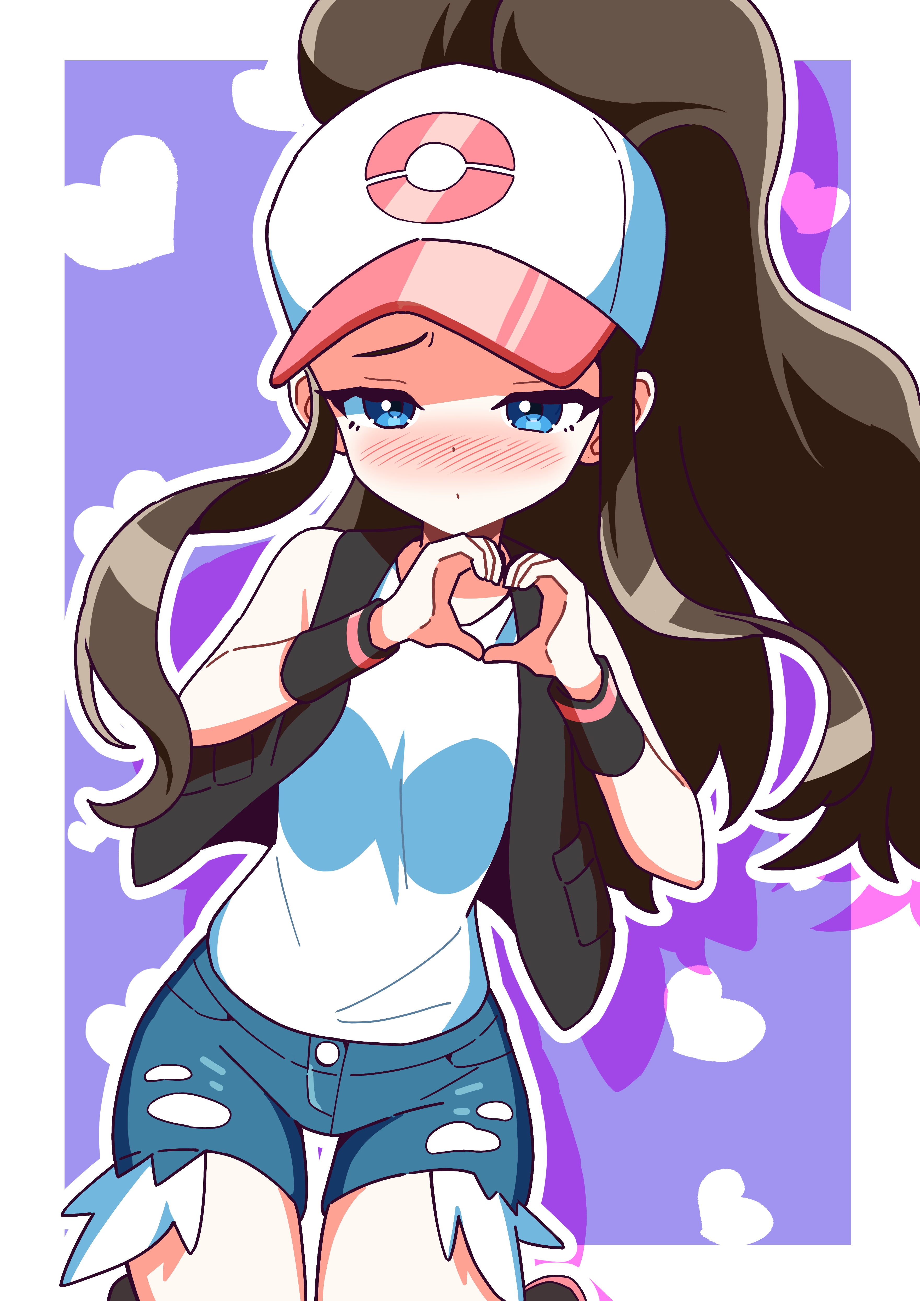todeu (cool8254), hilda (pokemon), nintendo, pokemon, pokemon bw, absurdres, commentary request, highres, 1girl, black vest, blue eyes, blush, border, brown hair, closed mouth, exposed pocket, hands up, hat, heart, heart hands, long hair, open clothes, open vest, outline, outside border, purple background, shirt, shorts, sidelocks, sleeveless, sleeveless shirt, solo, vest, white border, white hat, white shirt, wristband