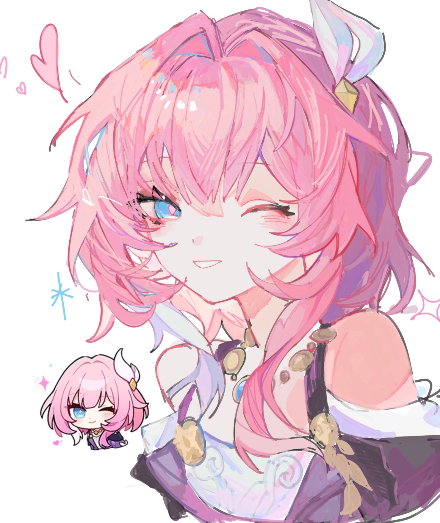 nonoko (1k6sx1encx45226), cyrene (honkai: star rail), honkai: star rail, honkai (series), highres, 1girl, ;), blue eyes, breasts, chibi, chibi inset, coat, cyrene (aedes elysiae) (honkai: star rail), dress, hair ornament, heart, honkai: star rail sticker redraw (meme), jewelry, large breasts, looking at viewer, meme, necklace, one eye closed, pink hair, purple coat, reference inset, smile, solo, upper body, white background, white dress