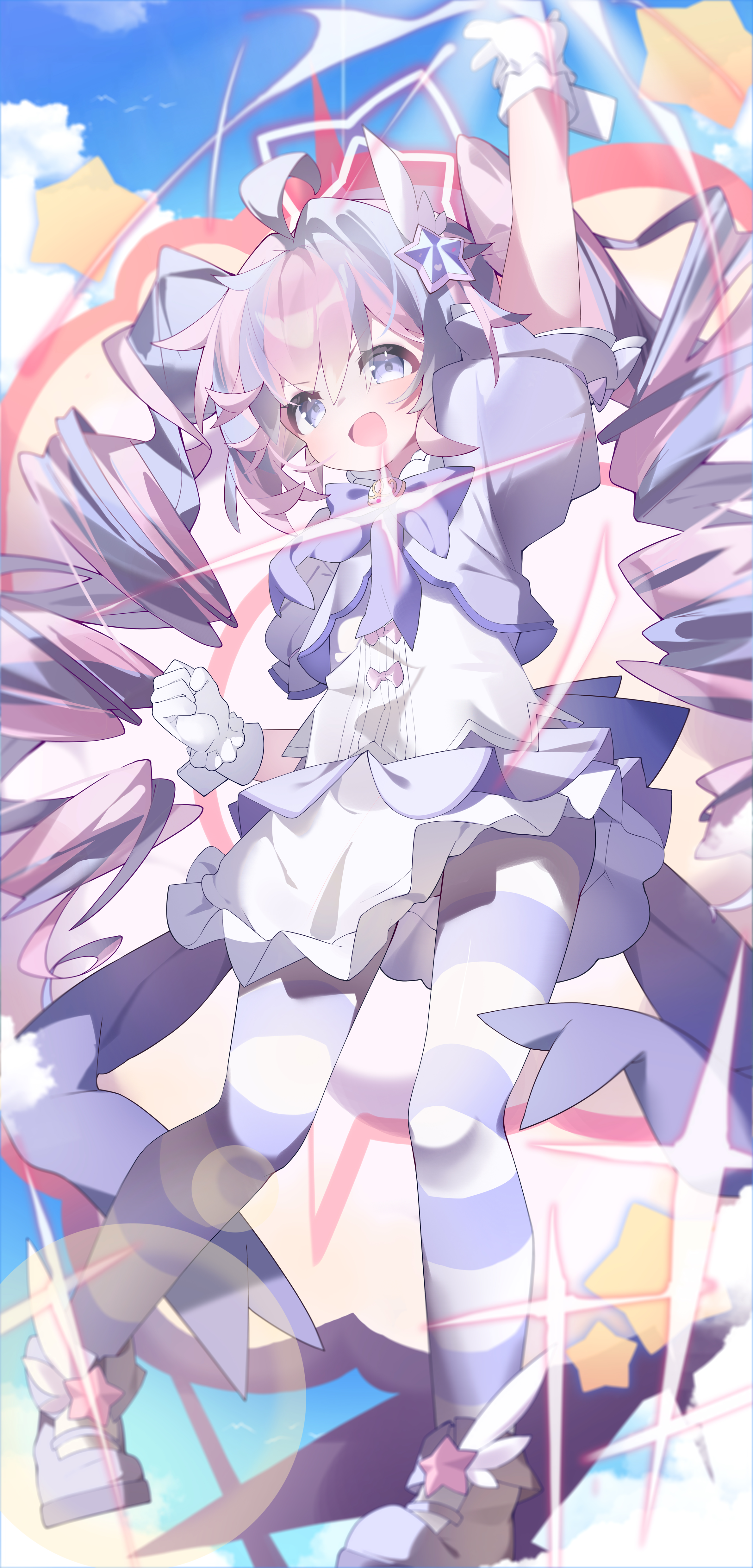 vanishedstar, reisa (blue archive), reisa (magical) (blue archive), blue archive, absurdres, chinese commentary, commentary request, highres, 1girl, ahoge, arm up, blue hair, drill hair, gloves, hair ornament, halo, long hair, magical girl, official alternate costume, open mouth, pantyhose, pink hair, pink halo, puffy short sleeves, puffy sleeves, purple eyes, purple pantyhose, purple shoes, shoes, short sleeves, solo, star (symbol), star hair ornament, star halo, striped clothes, striped pantyhose, twin drills, twintails, very long hair, white gloves, wing hair ornament